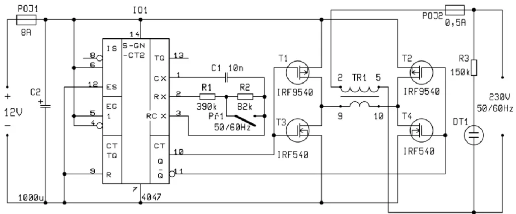 12V 230V DC AC Mosfetli Basit Inverter Devresi – Elektronik Devreler Projeler