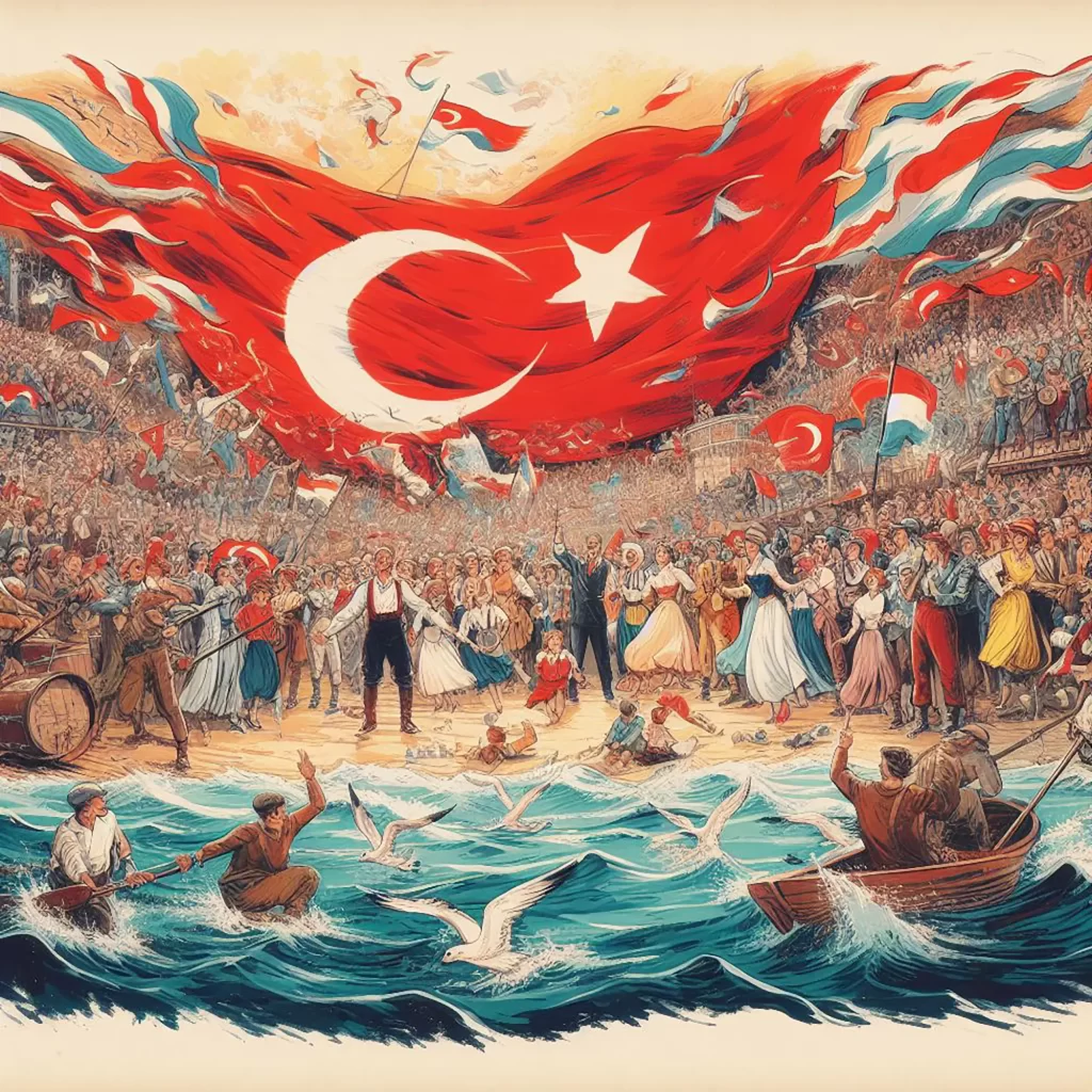 19 Mayis Ataturku Anma Genclik ve Spor Bayrami. turk bayragi. gosteriler ve halk izleyicisi. boyama cizimi