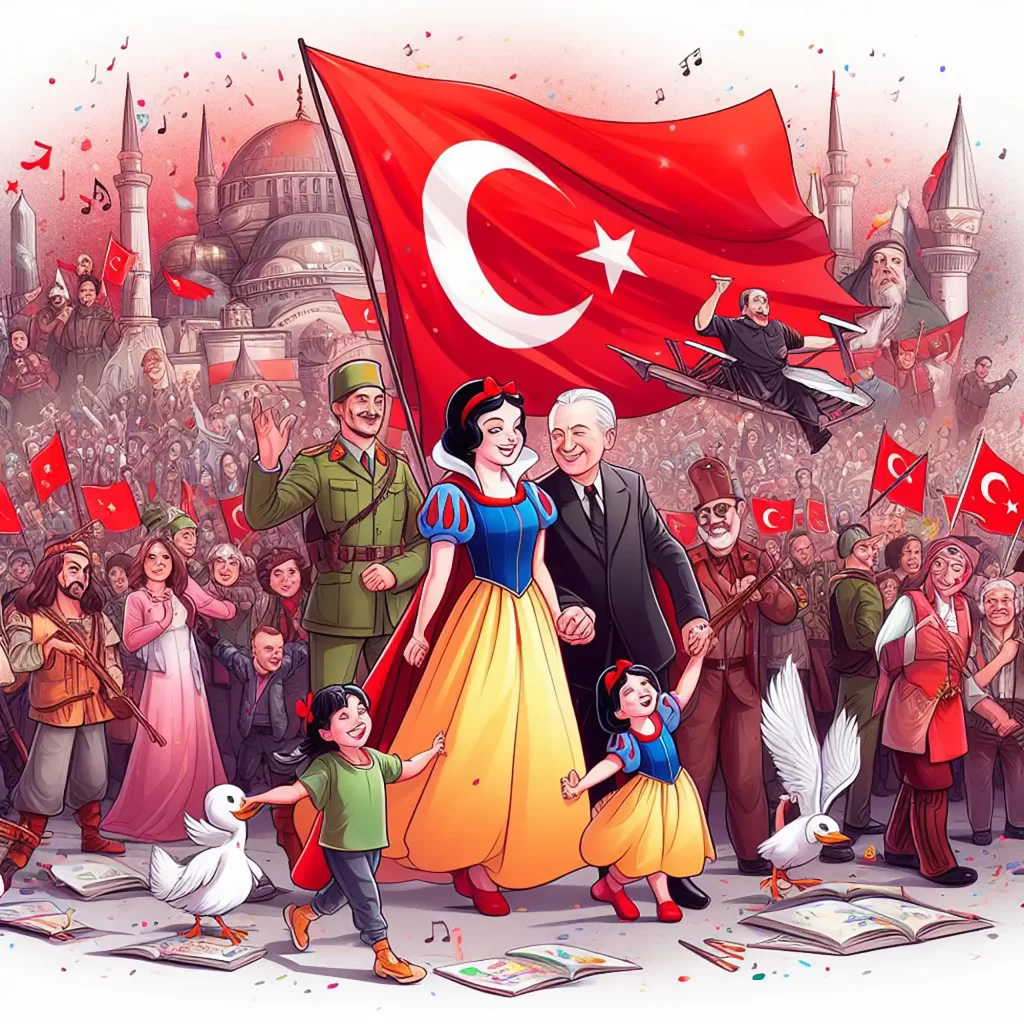 19 Mayis Ataturku Anma Genclik ve Spor Bayrami. turk bayragi. gosteriler ve halk izleyicisi. boyama cizimi 2